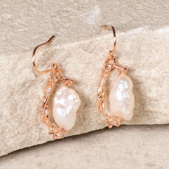 Women's Pearl Earrings - Fine wire hook earring featuring a uniquely molded Flower combined with a precious rough pearl to form a timelessly beautiful pendant. Fine brass, plated with gold or rose gold.